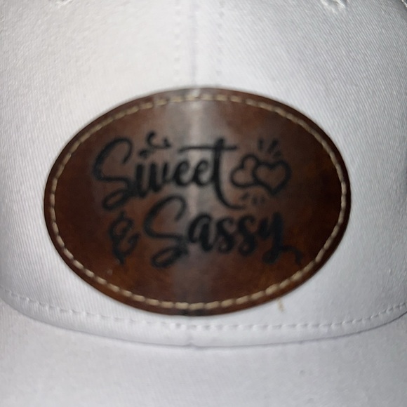 White mesh ball cap with custom leather patch that says sweet & Sassy - Picture 2 of 3